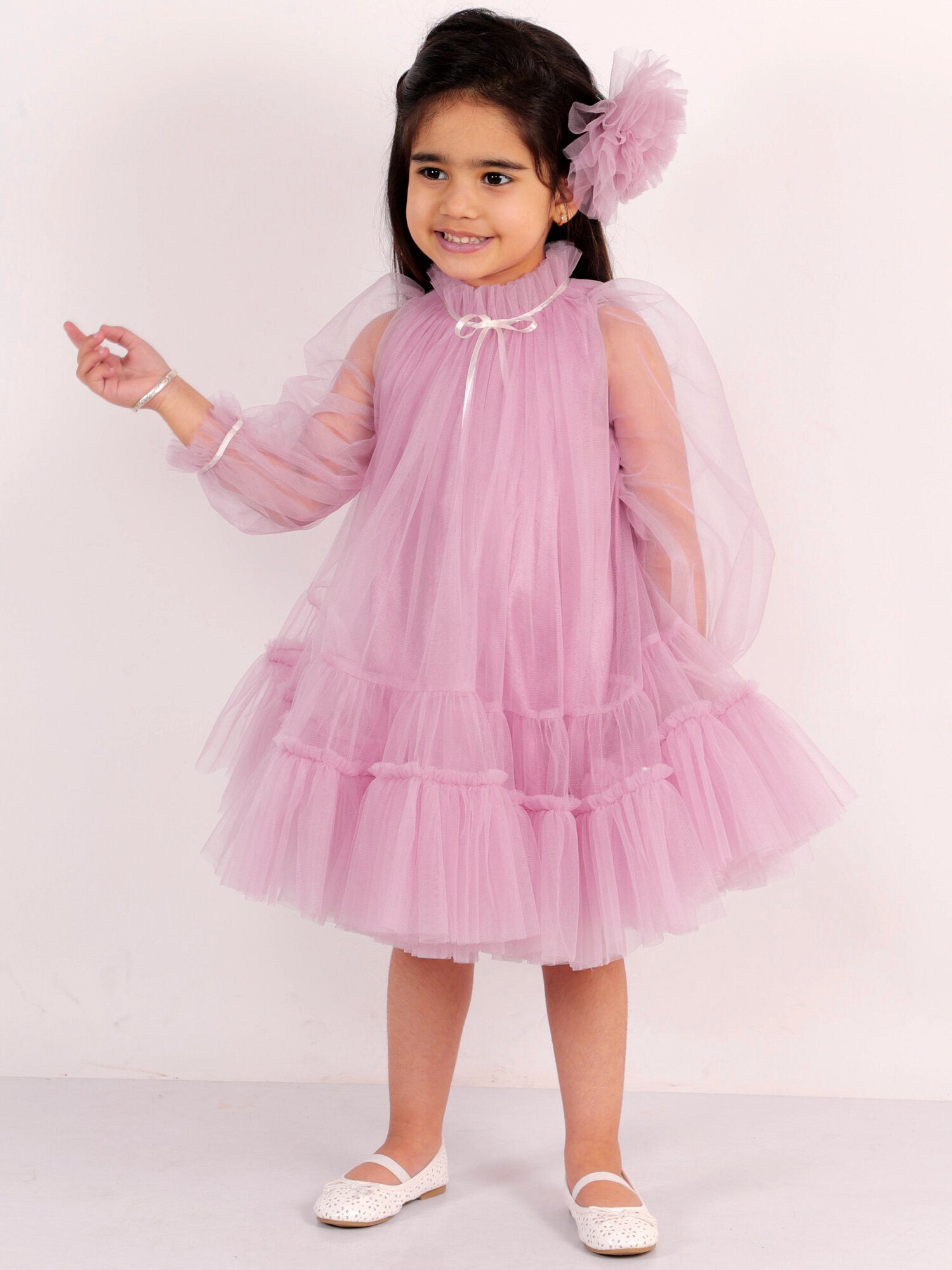 Pre-order: Mauve Pink Preety Party Teens Net Layered Dress with Hair pin*