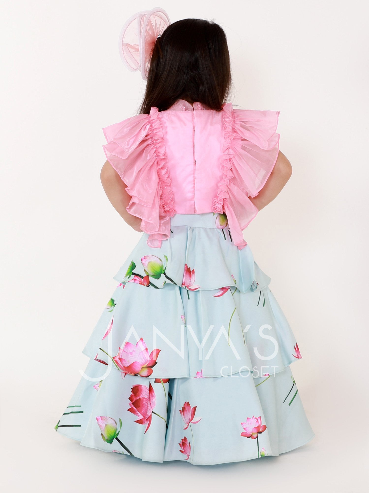 Printed Satin Layered Skirt With Organza Top And Hair Accessory