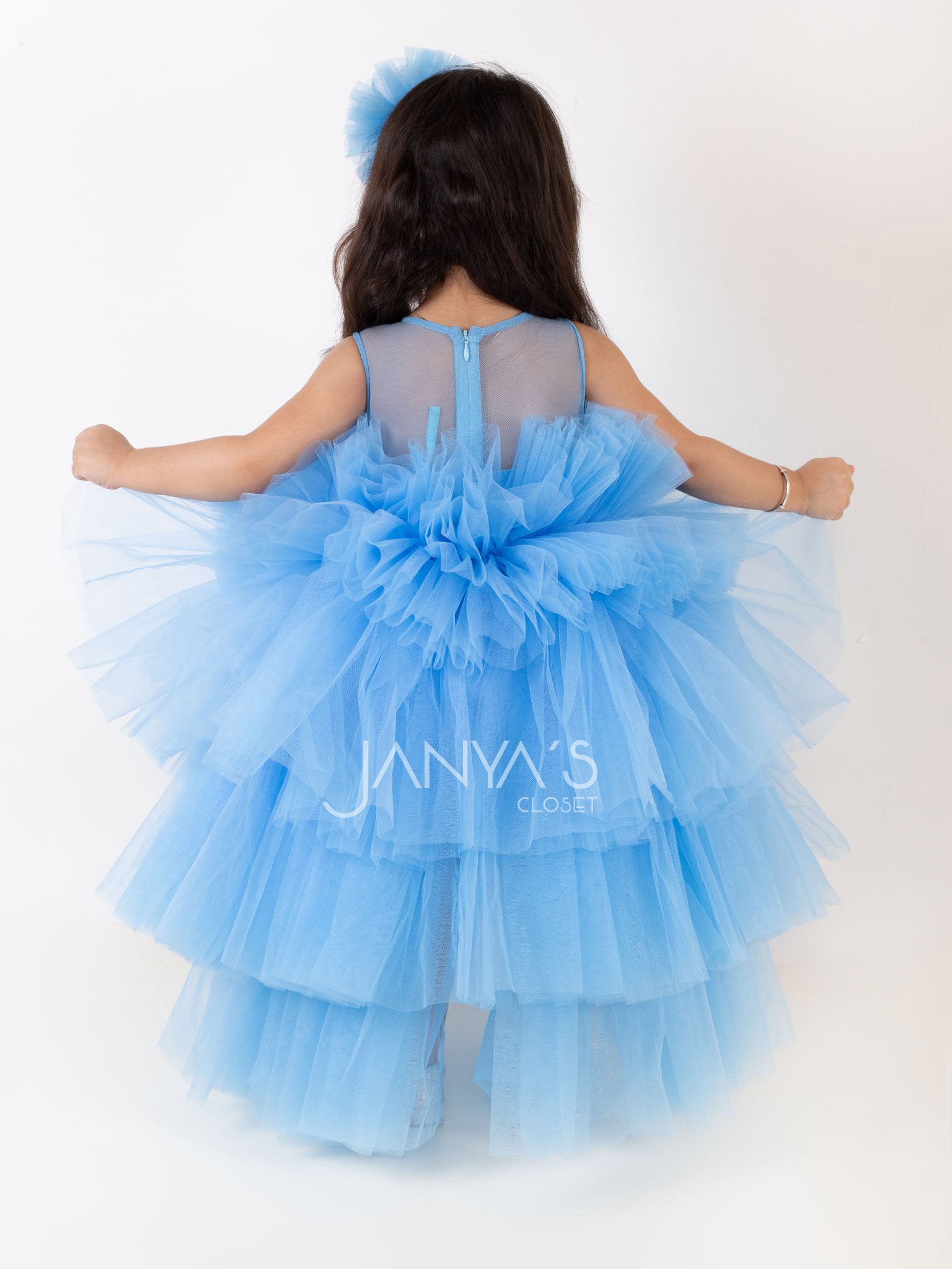 Blue Tiered High-low Gown With Hair Accessory