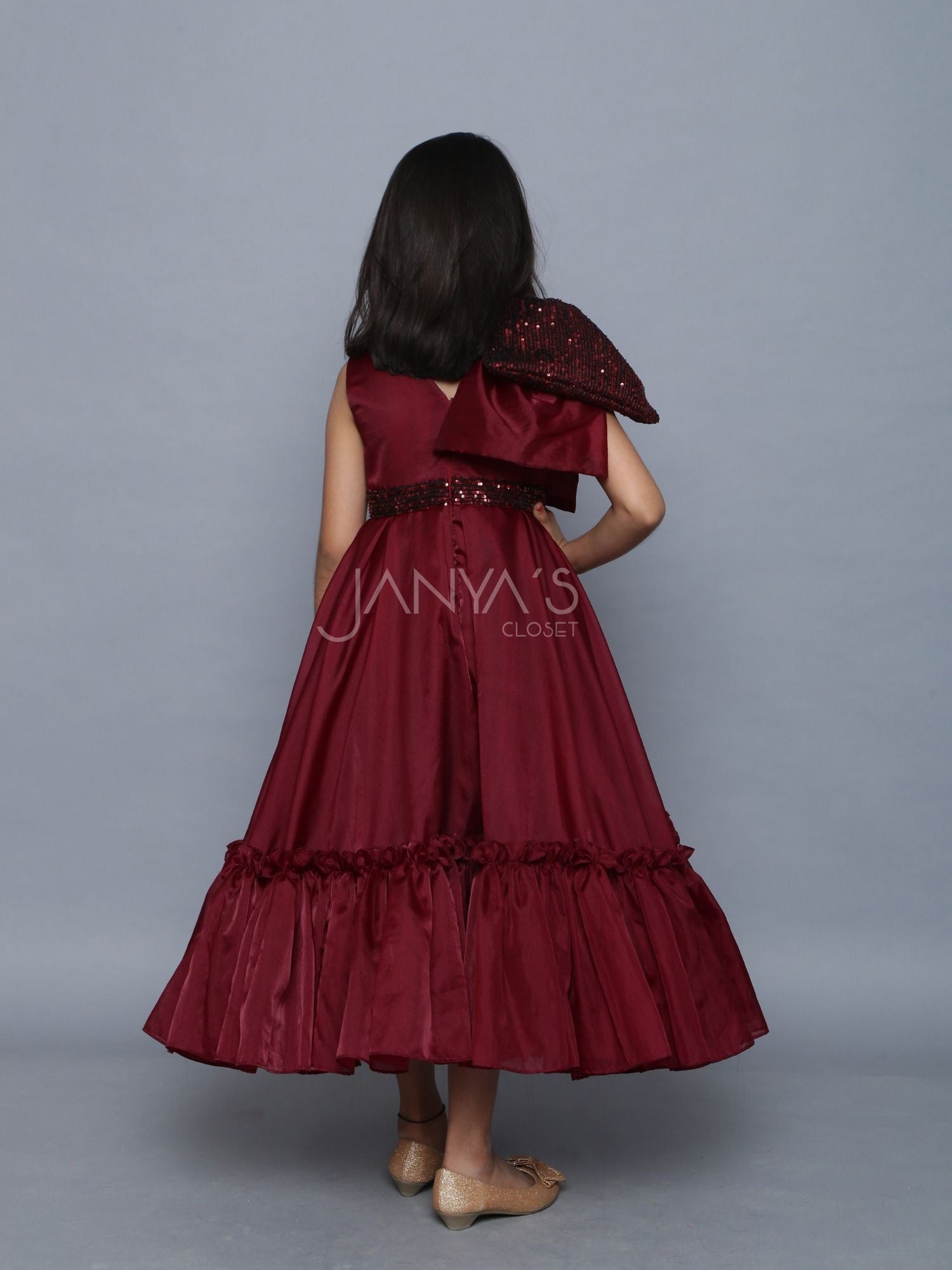Organza Ankle Gown With Sequence Bow And Hair Accessory