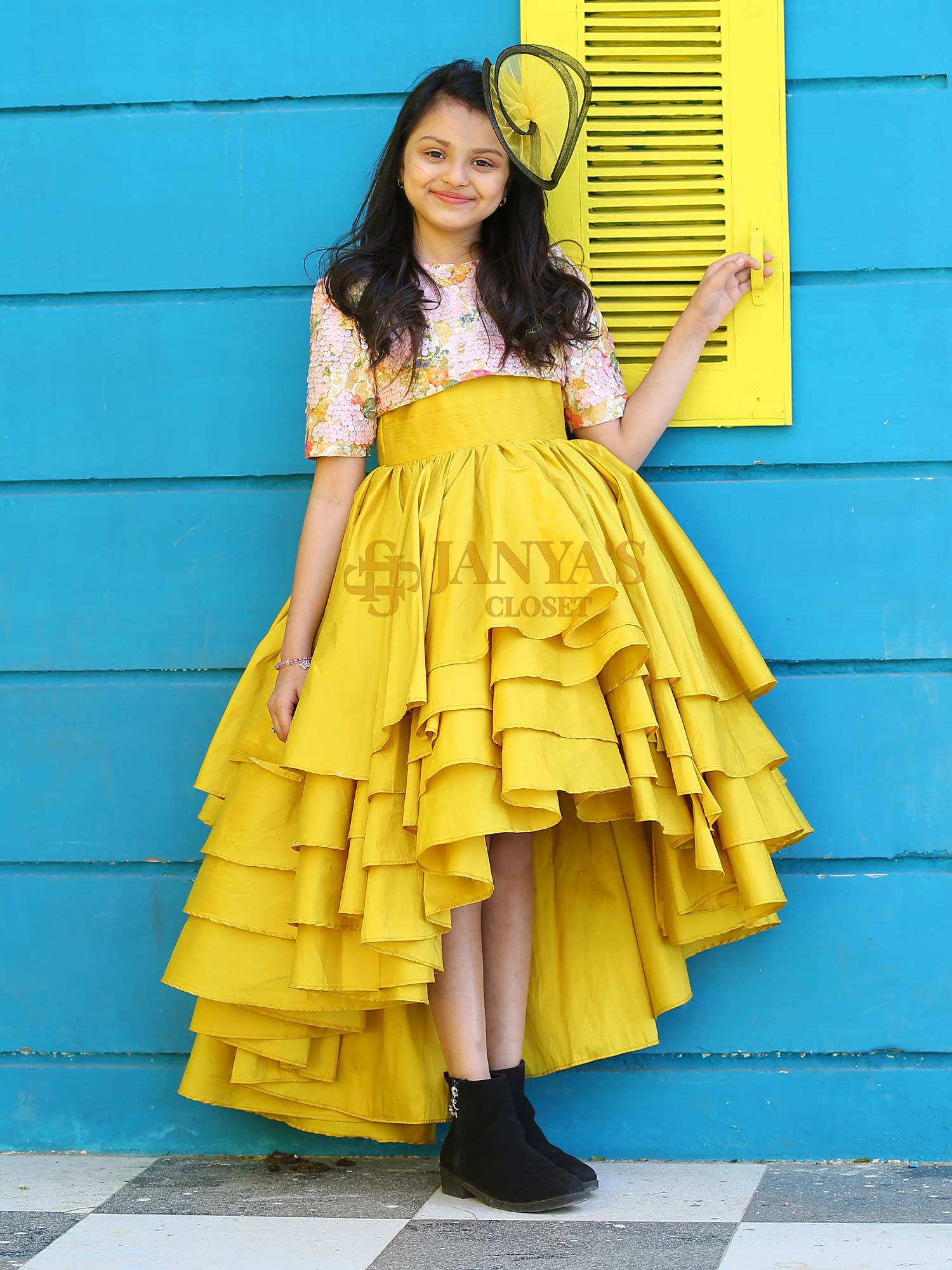 Yellow Taffeta High Low Dress With Sequence Crop Top And Hair Pin