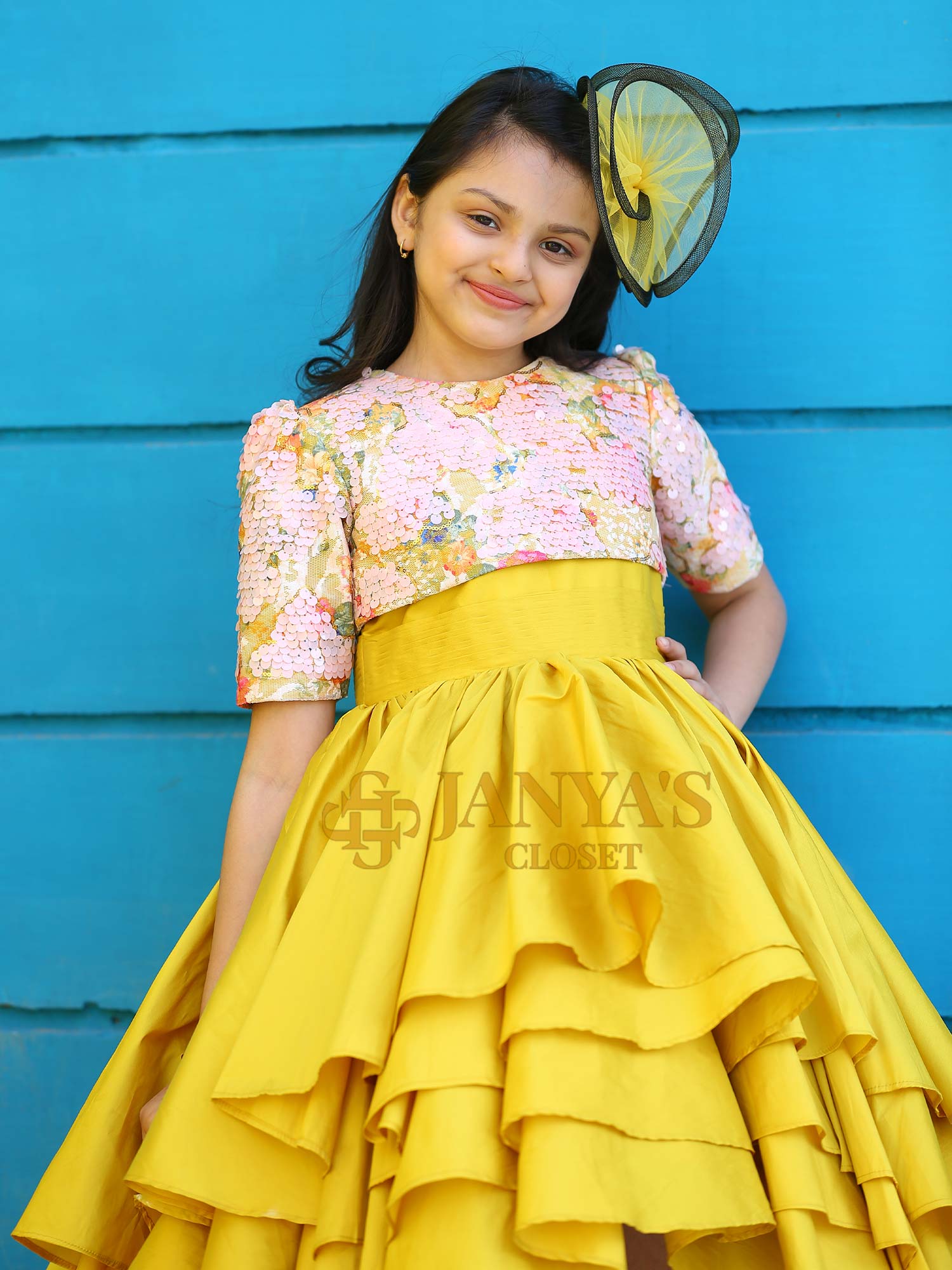 Yellow Taffeta High Low Dress With Sequence Crop Top And Hair Pin