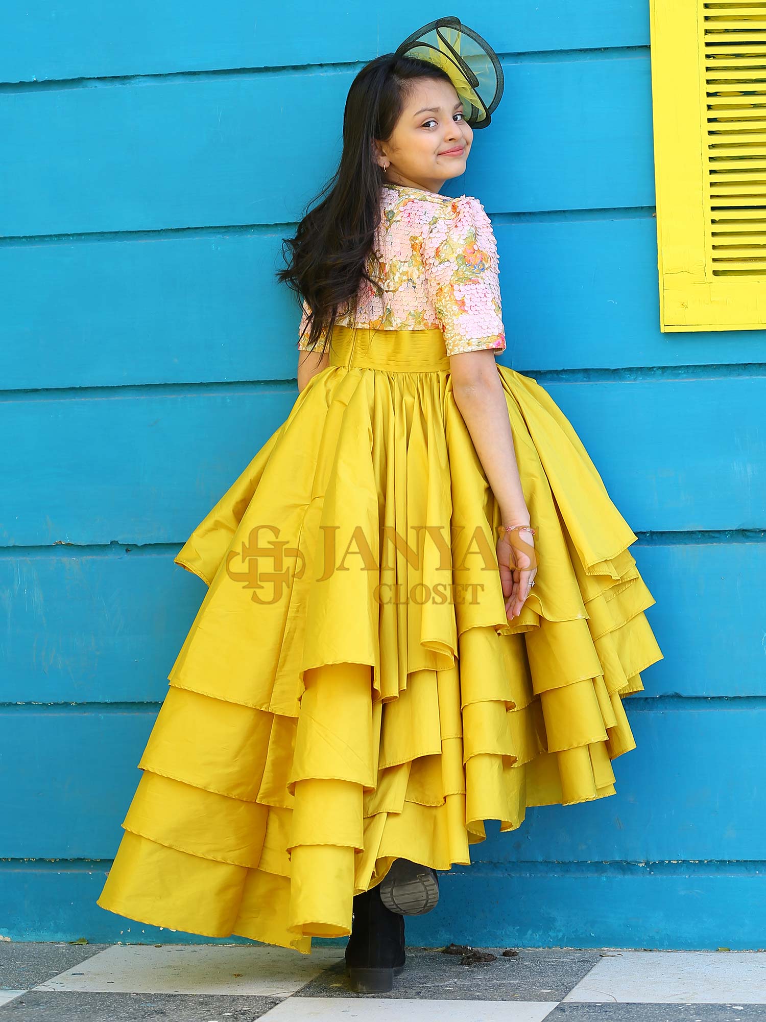 Pre Order: Yellow Taffeta High Low Dress With Sequence Crop Top And Hair Pin