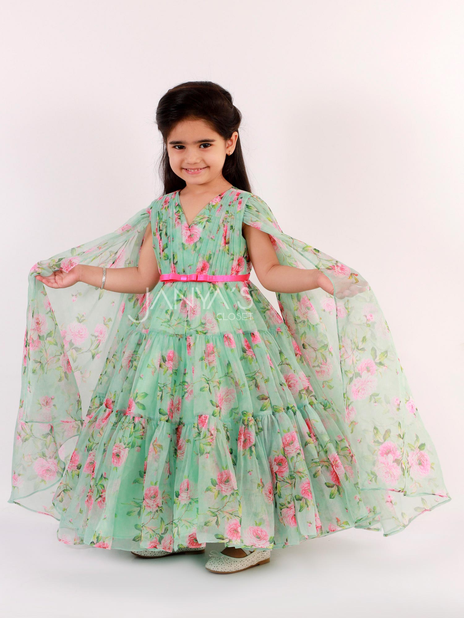 Floral Print Anarkali Gown With Stylish Long Sleeves