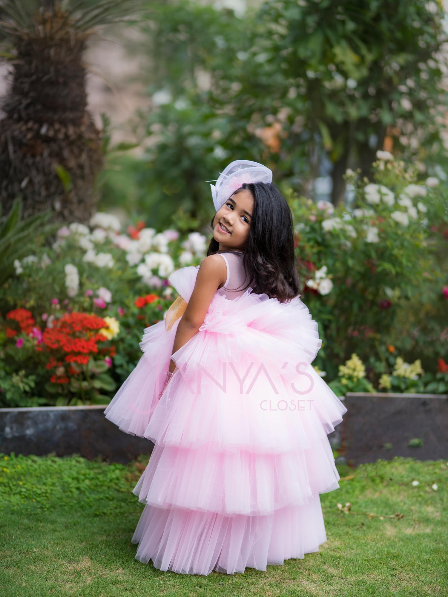 Pre order : Arha Pink High- Low Gown With Hair Accessory