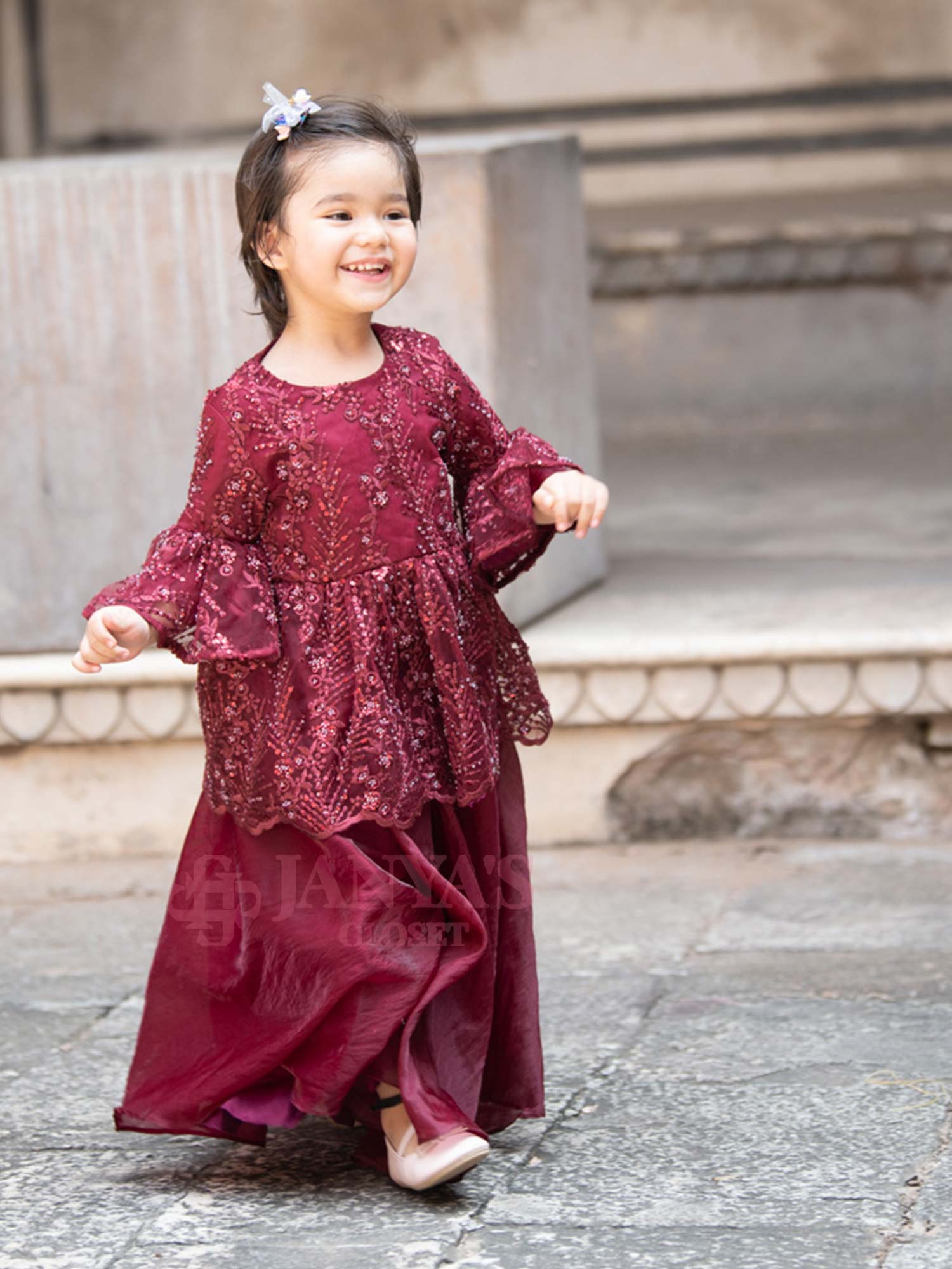 Pre Order: Maroon Embroidered Indo Western Kurti With Sharara