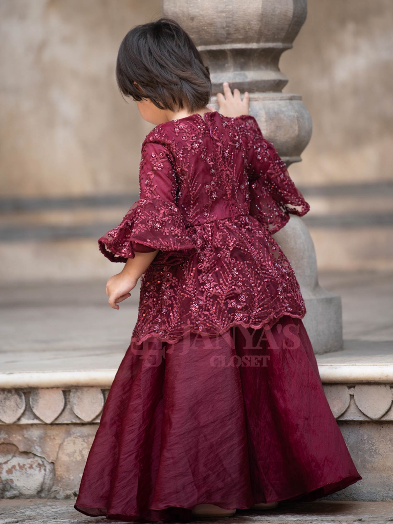 Pre Order: Maroon Embroidered Indo Western Kurti With Sharara