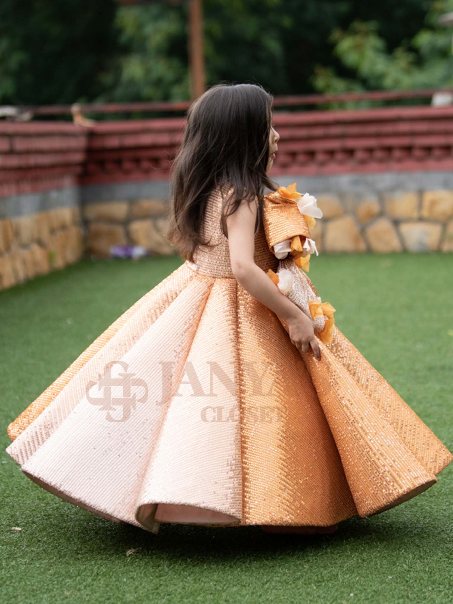 Gold Ball Gown Ombre Sequin Princess Birthday Gown With Hair Pin *