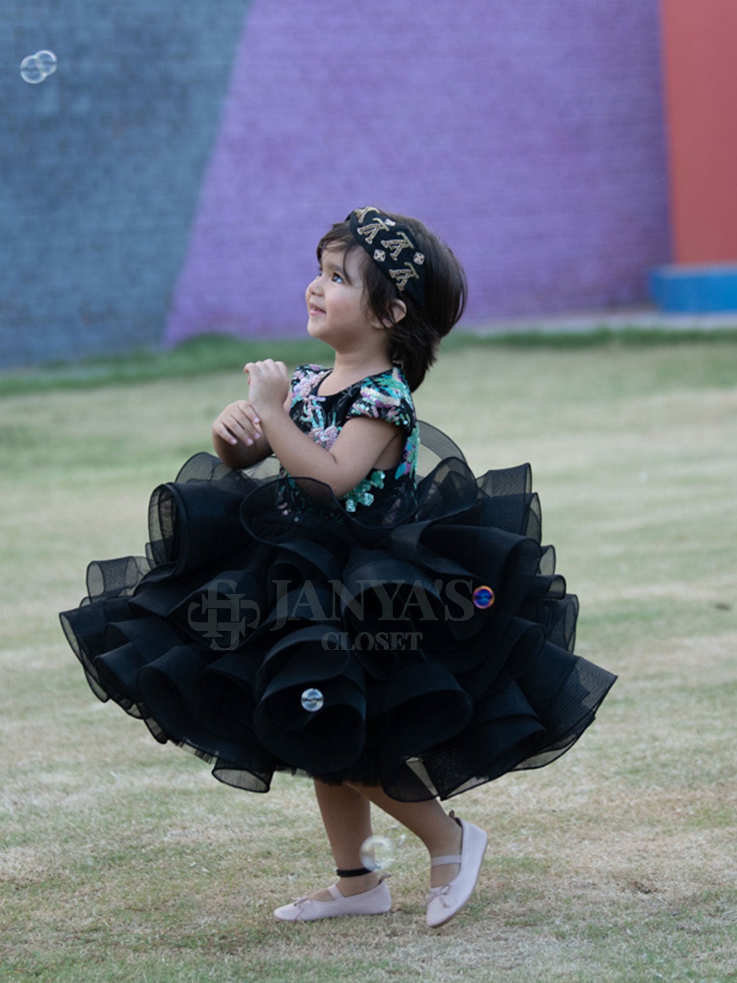 Pre Order: Black Embroidered Birthday Party Dress With Hair Pin
