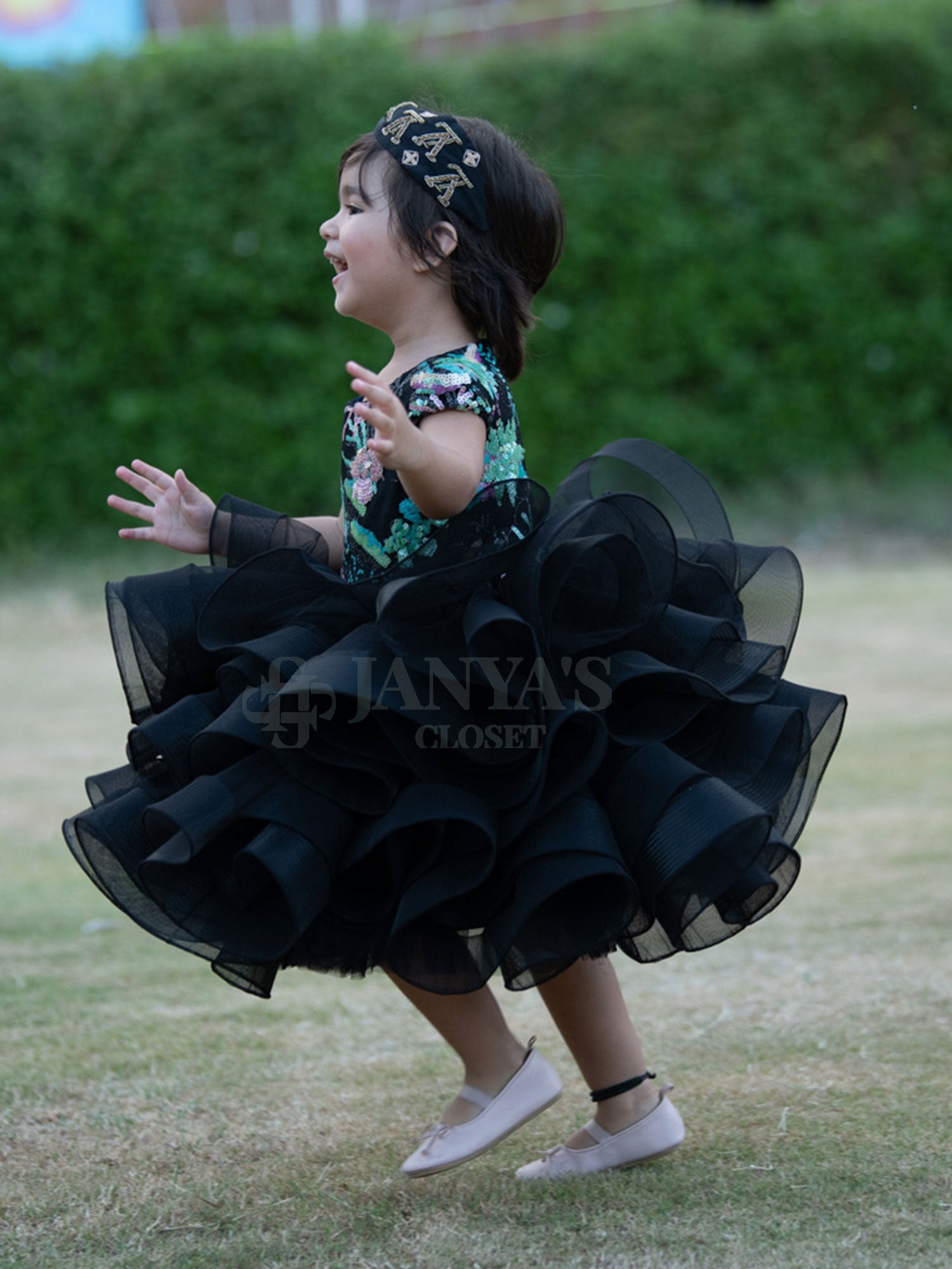 Pre Order: Black Embroidered Birthday Party Dress With Hair Pin