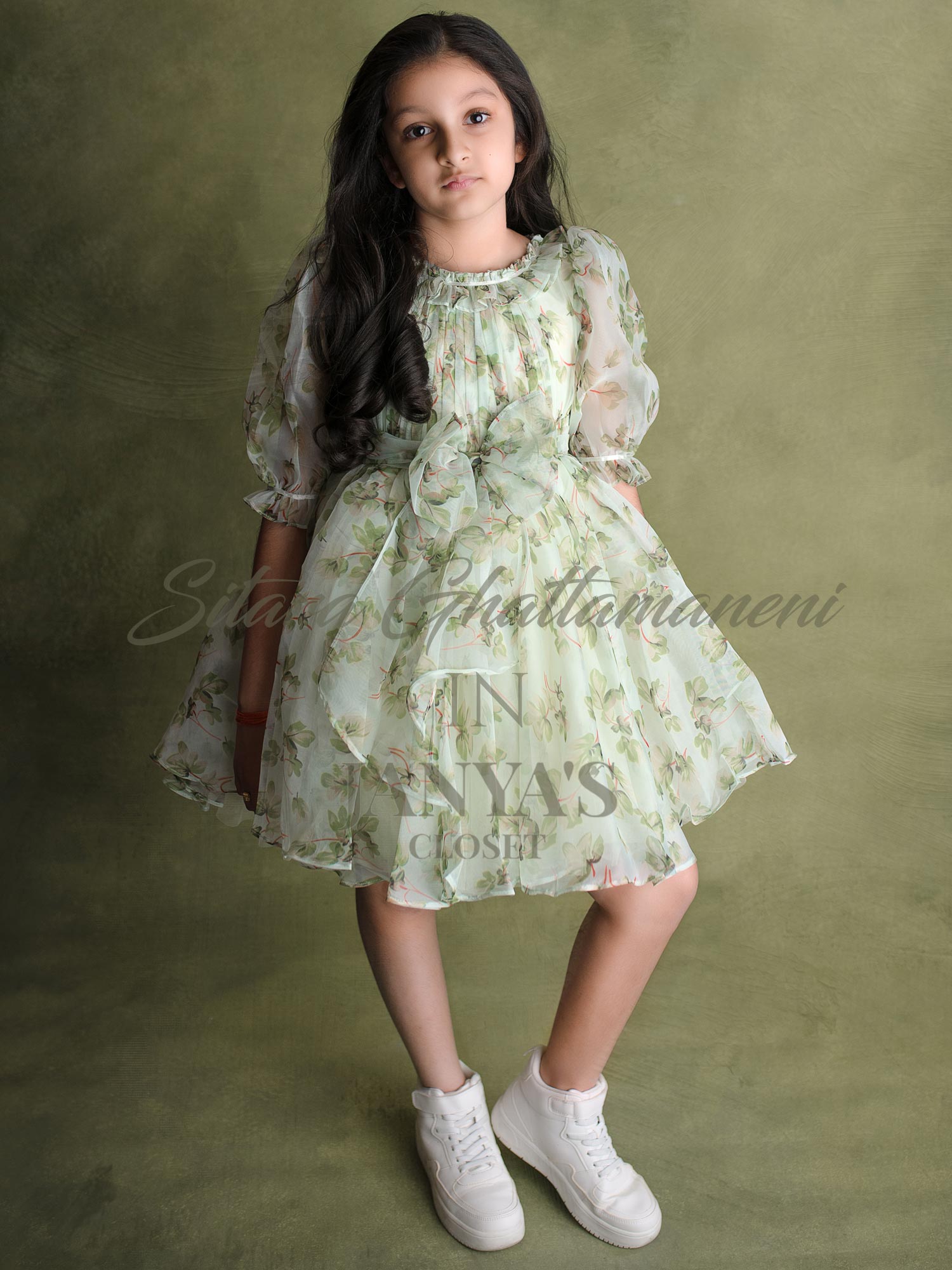 Pre Order: Green Floral Oraganza Dress With Hair Aceesory