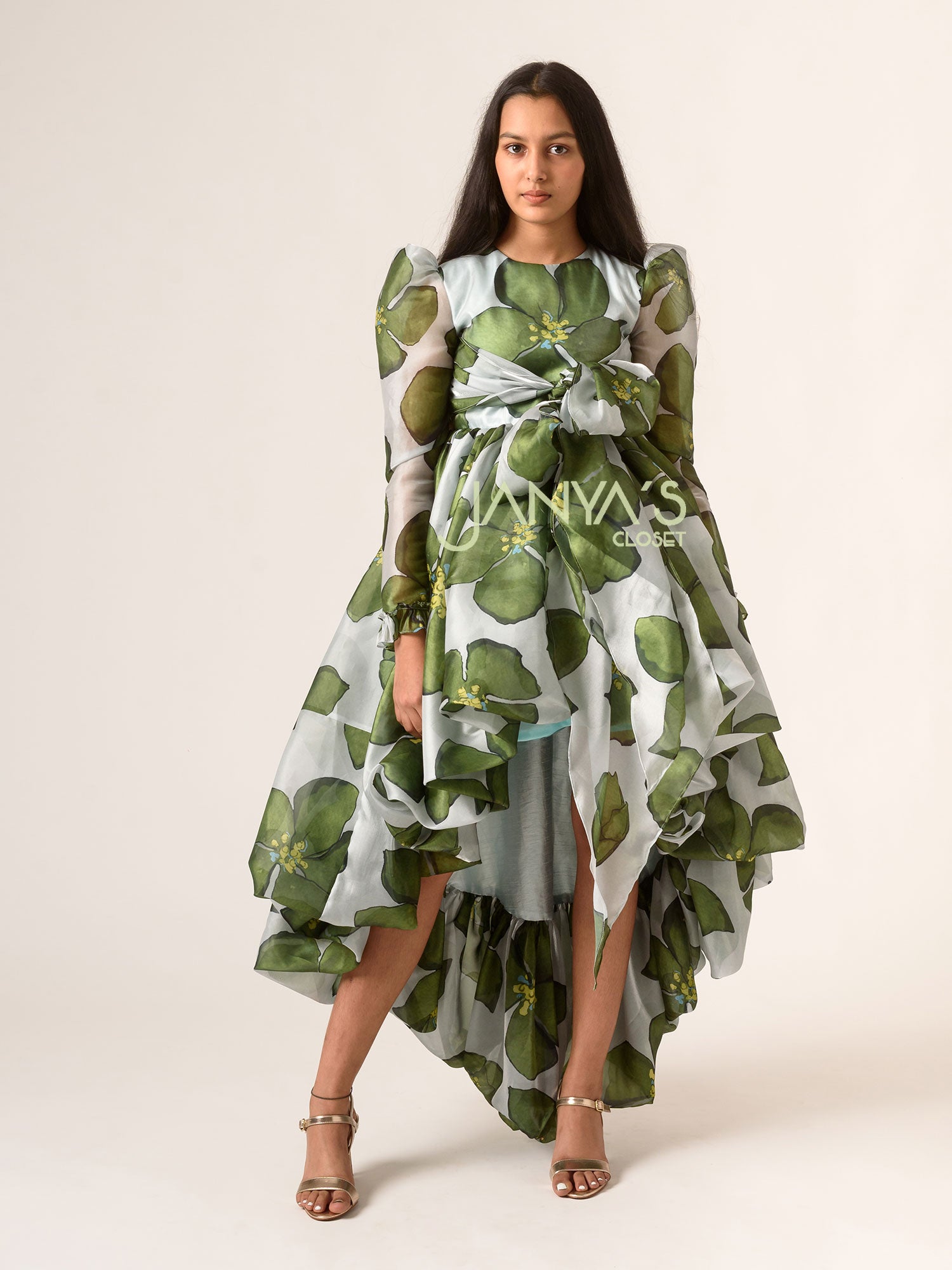 Pre order : Green Printed Organza High-Low Dress With Hair Accessory