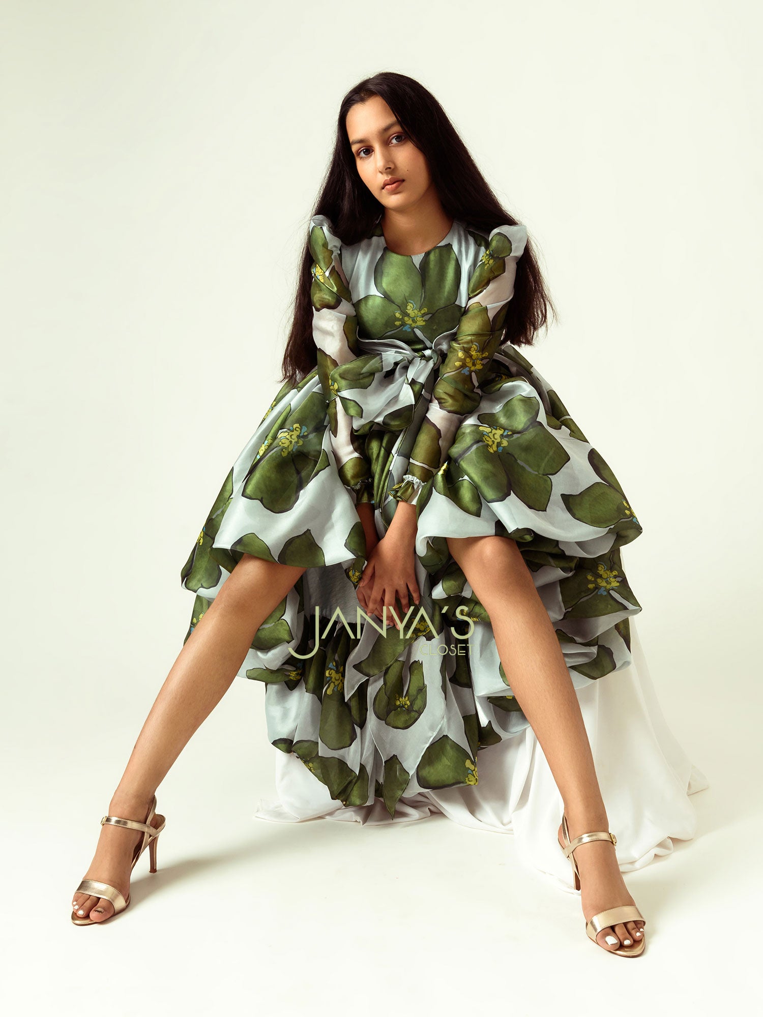 Green Printed Organza High-Low Dress With Hair Accessory
