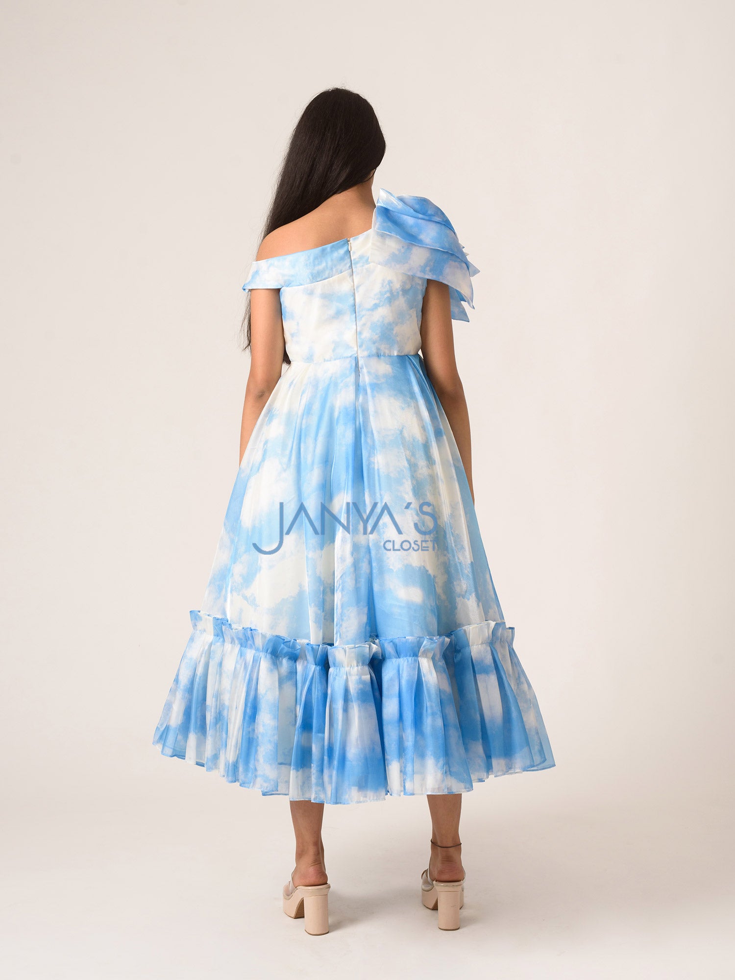 Pre Order : Cloud Print Calf Length Dress With Hair Pin