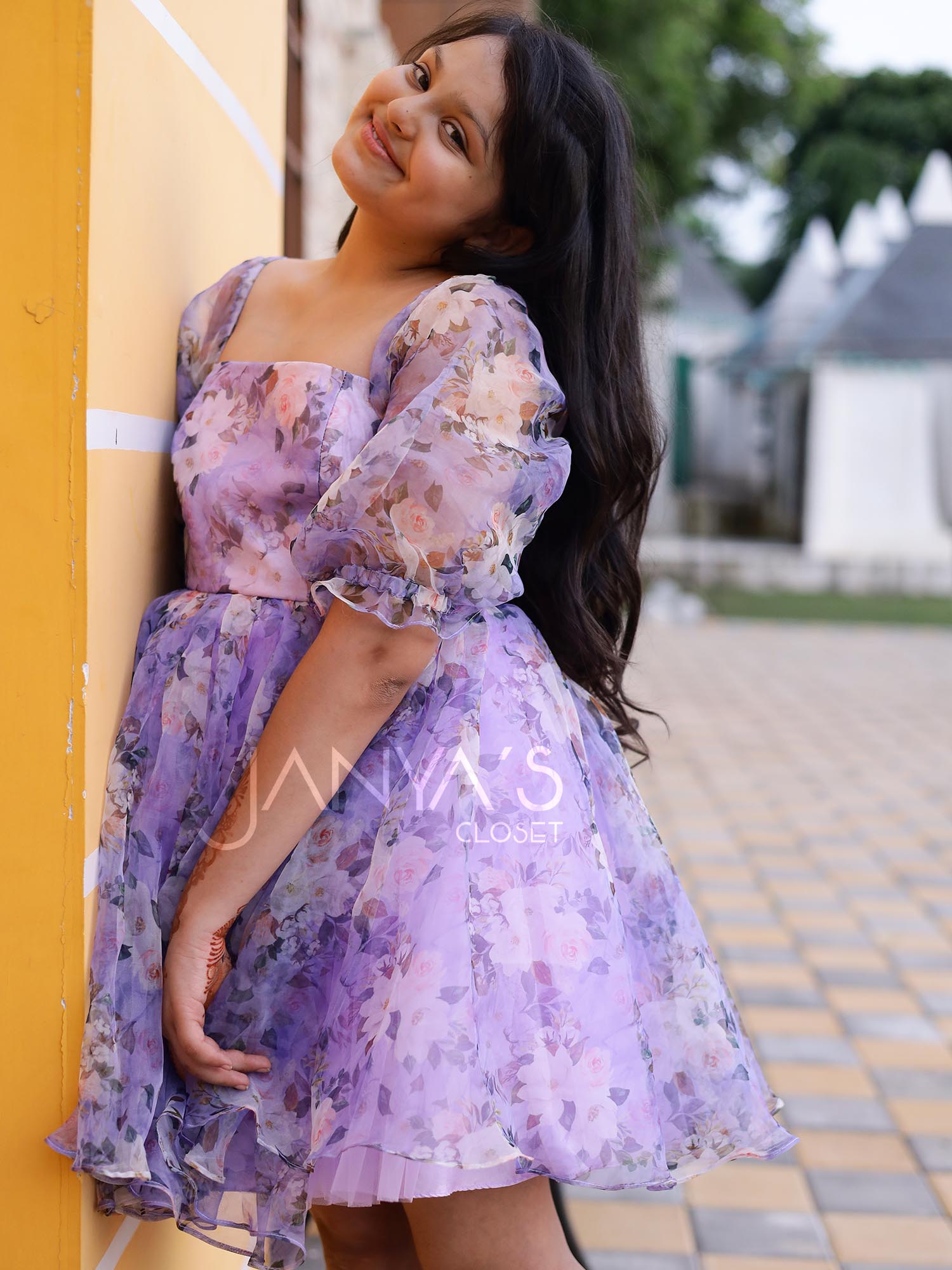 Pre Order : Printed Floral Puff Dress With Hair Accessory