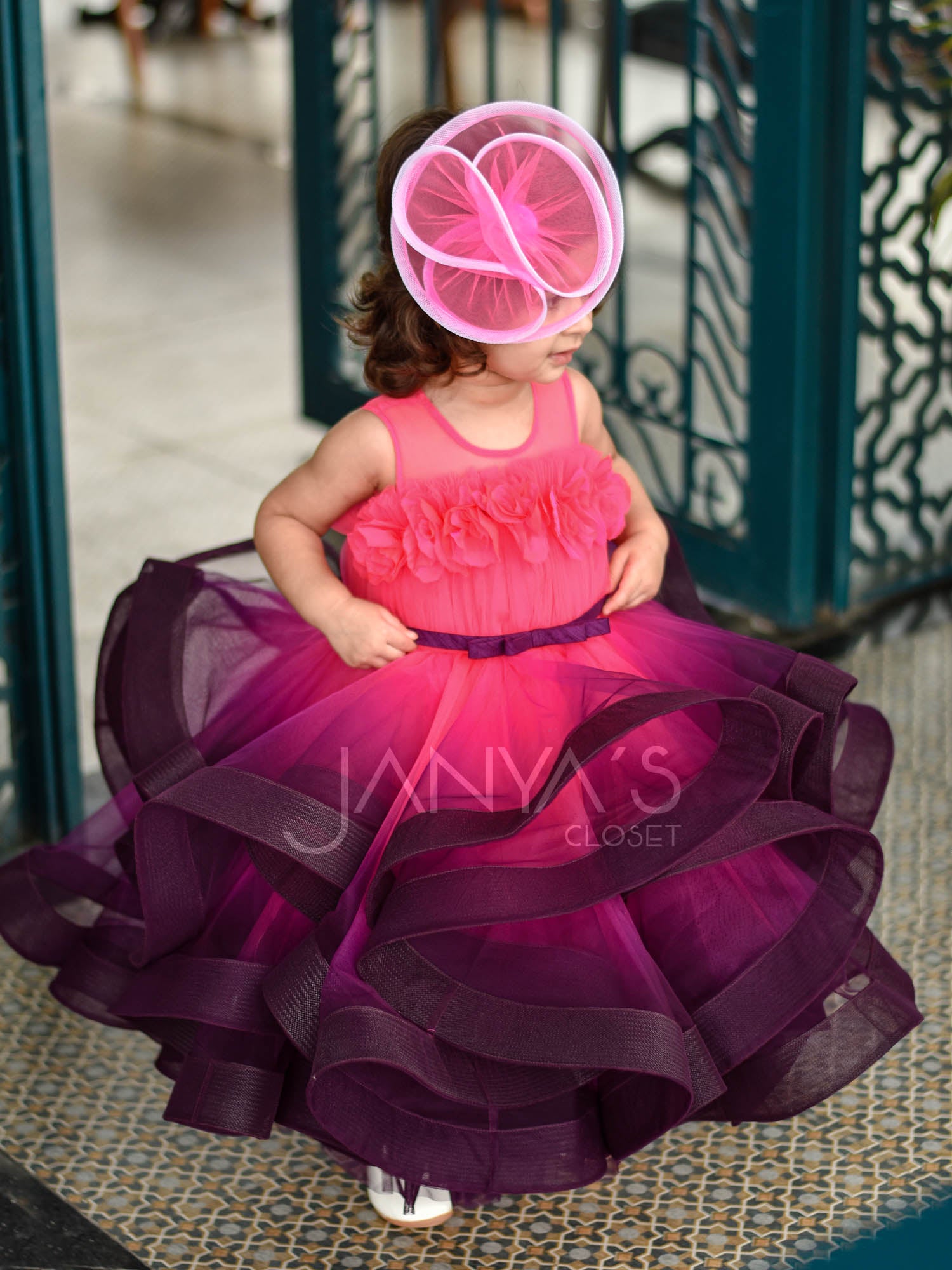 Pre Order: Neon Pink Purple Princess Shaded Gown With Hair Pin