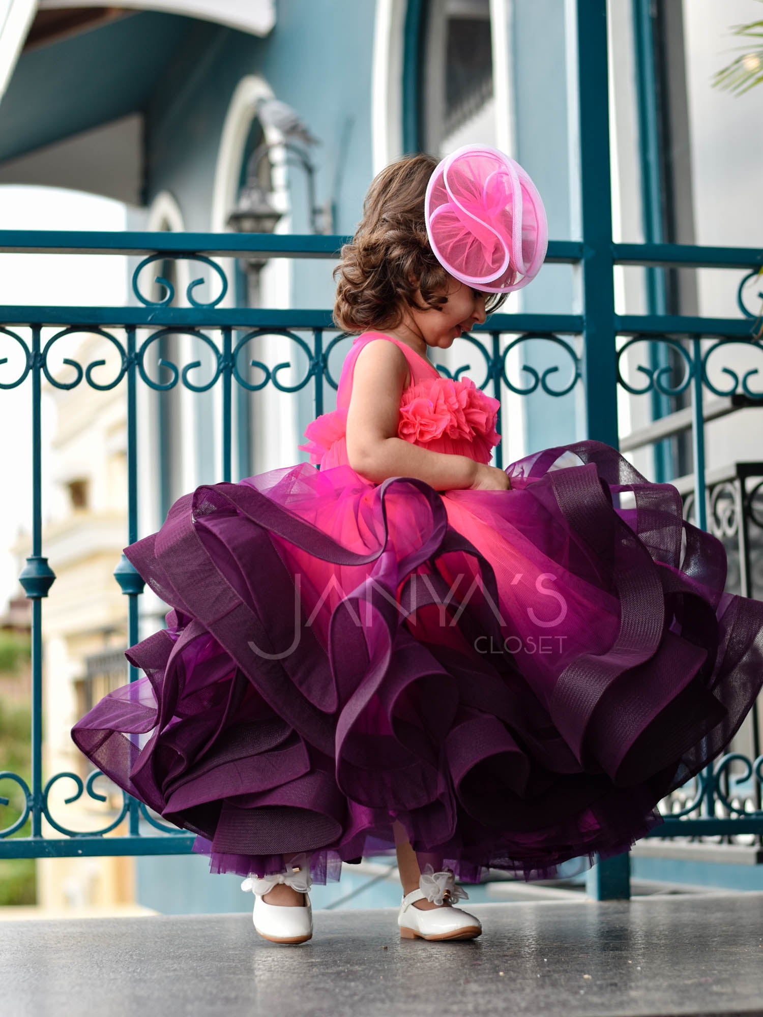Neon Pink Purple Princess Shaded Gown With Hair Pin
