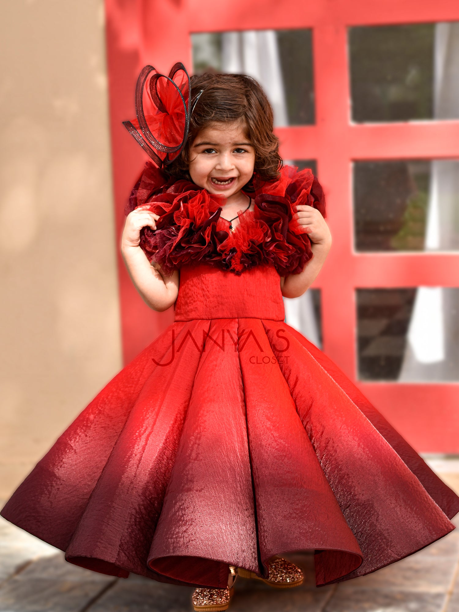 Pre Order : Shaded Red Couture Gown With Hair Accessory