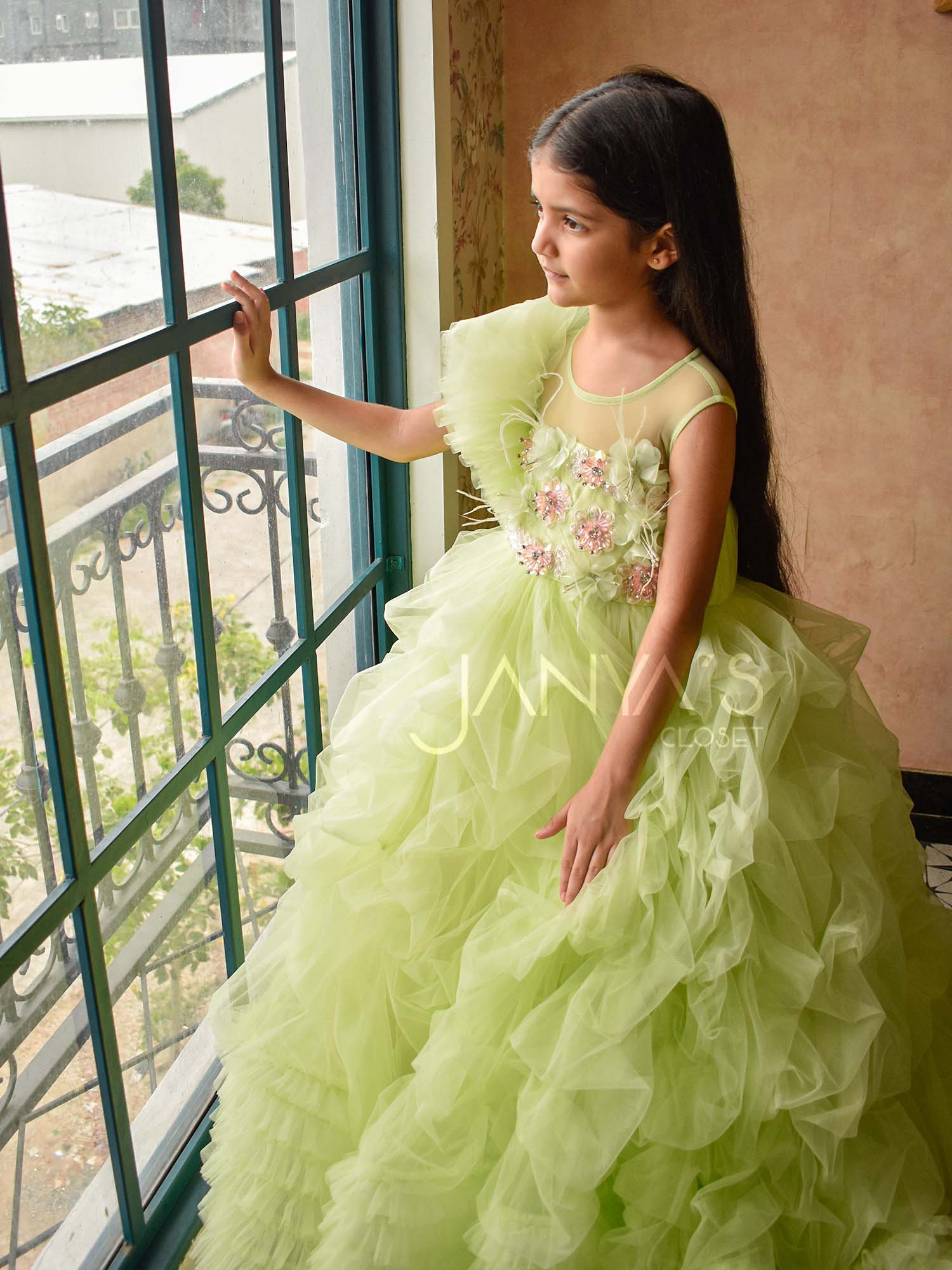 Pre Order: Green Ruffled Drape Princess Gown With Hair Accessory