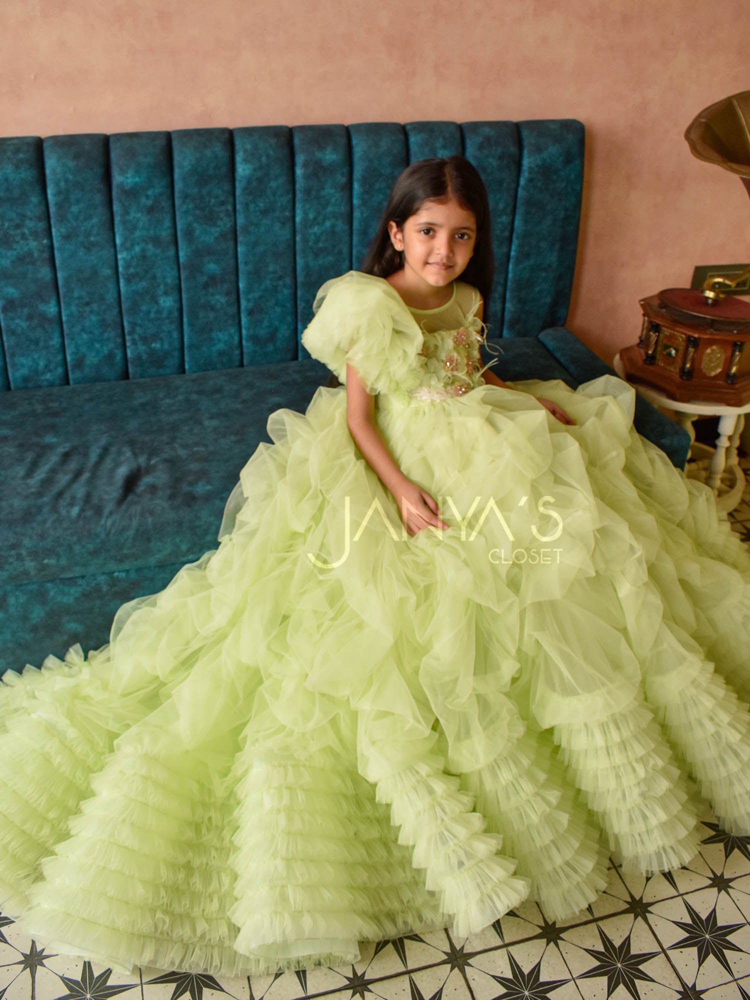Pre Order: Green Ruffled Drape Princess Gown With Hair Accessory