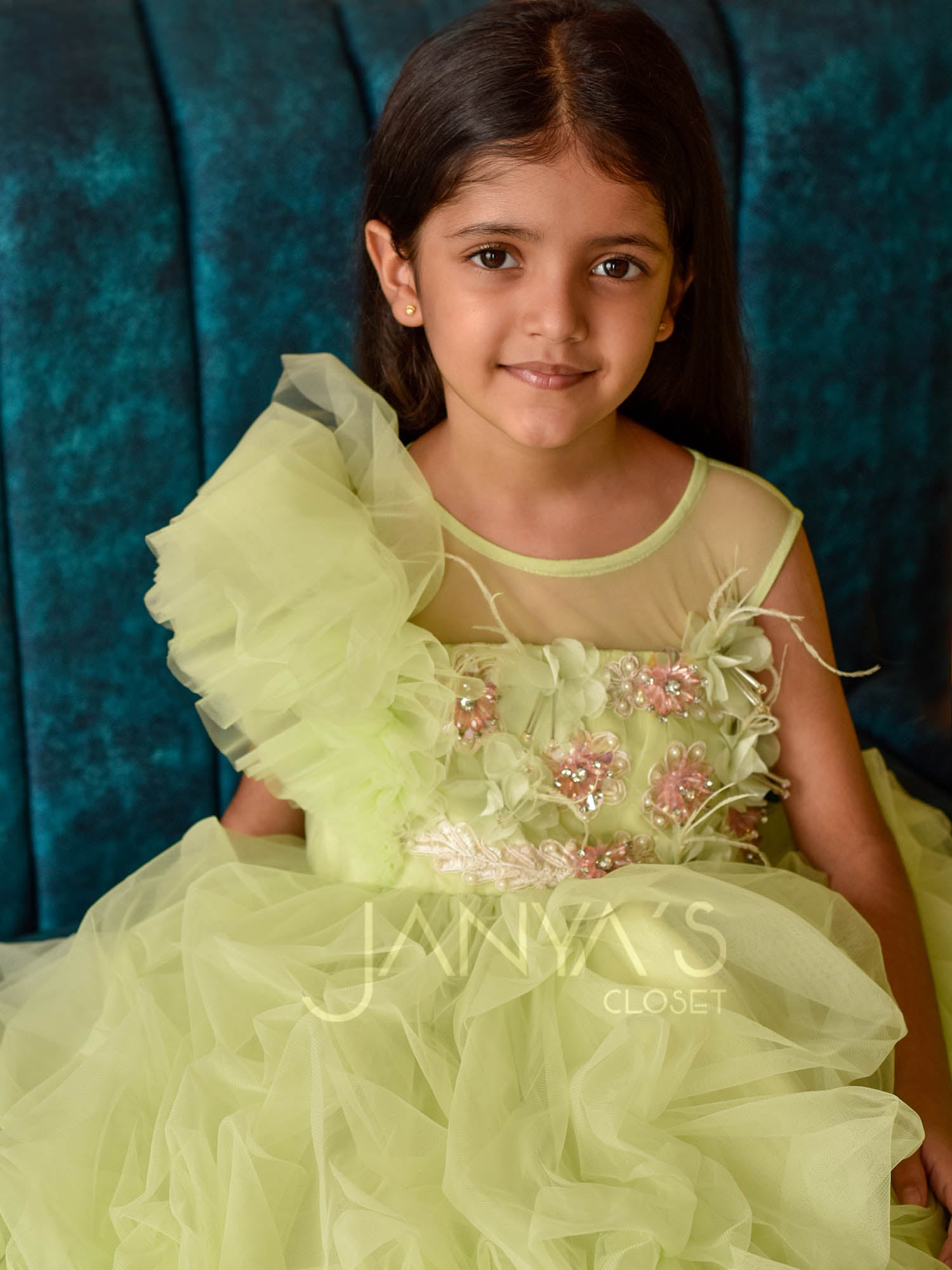 Green Ruffled Drape Princess Gown With Hair Accessory